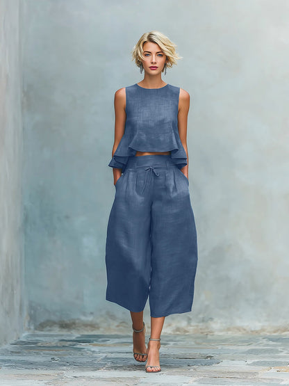 Ensemble Femme Haut Volanté et Pantalon Large Coupe Ample