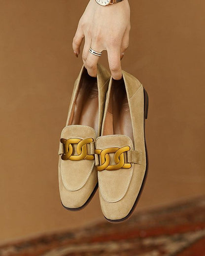 Mocassin Femme Cuir Velours à Boucle Or