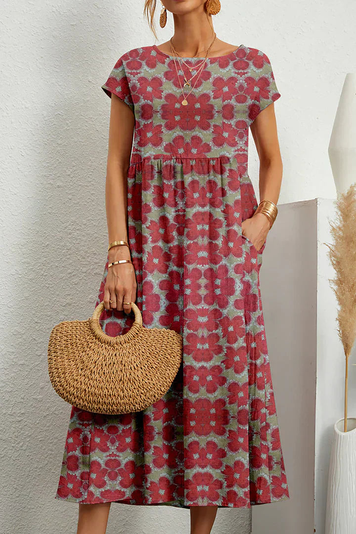 Robe Été Femme Décolletée – Robe Légère à Col Rond avec Imprimé Floral