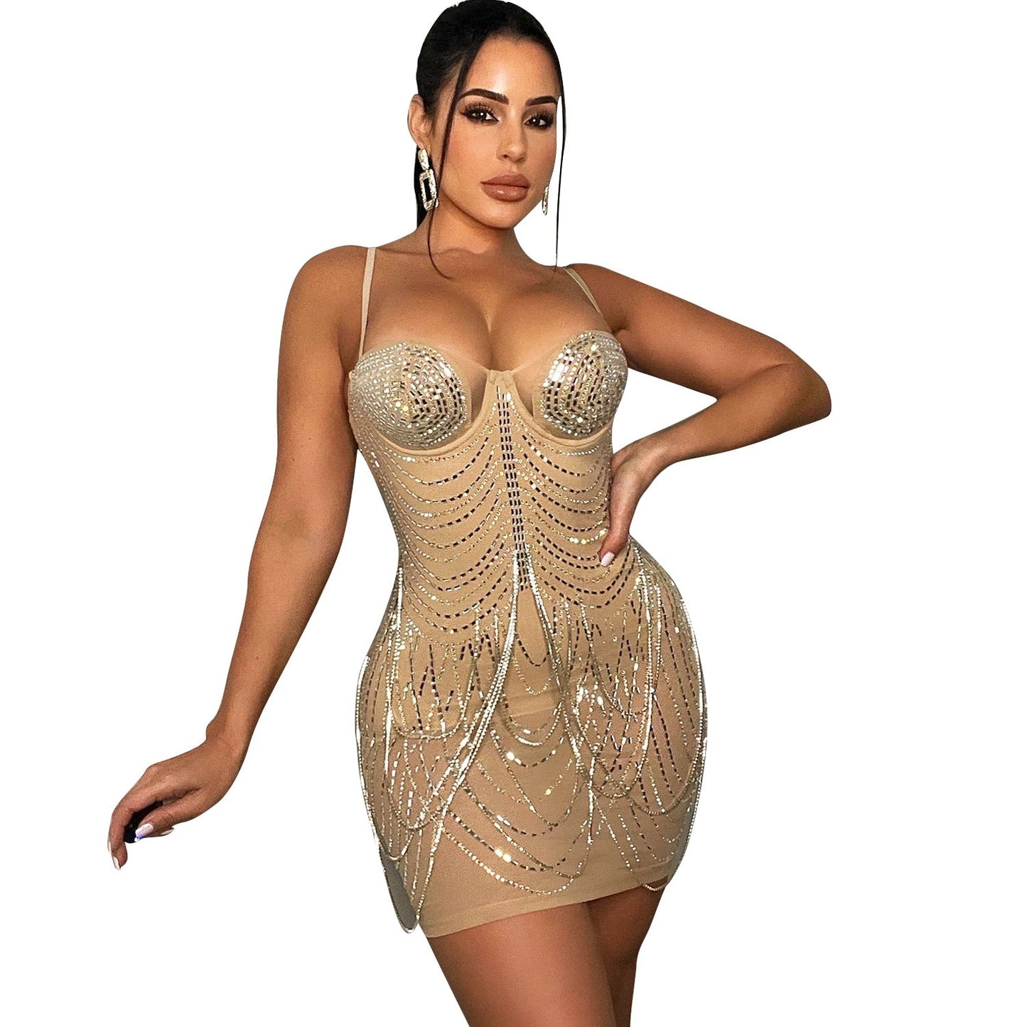 Robe de Soirée Courte en Mesh Étoilé et Paillettes