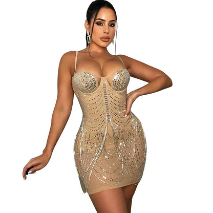 Robe de Soirée Courte en Mesh Étoilé et Paillettes