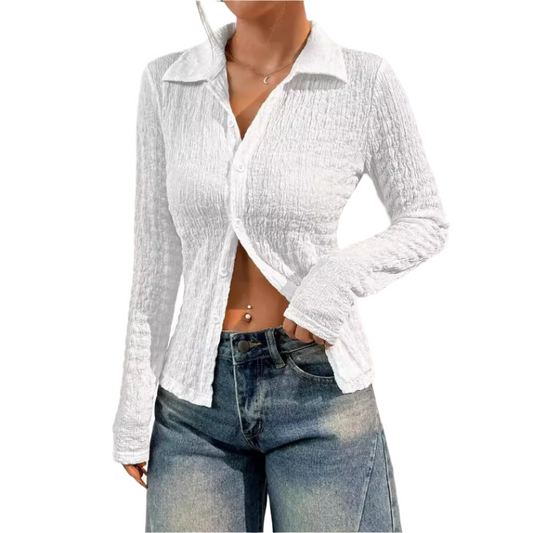 Chemisier blanc femme brodé manches longues élégant - PanierRoyale