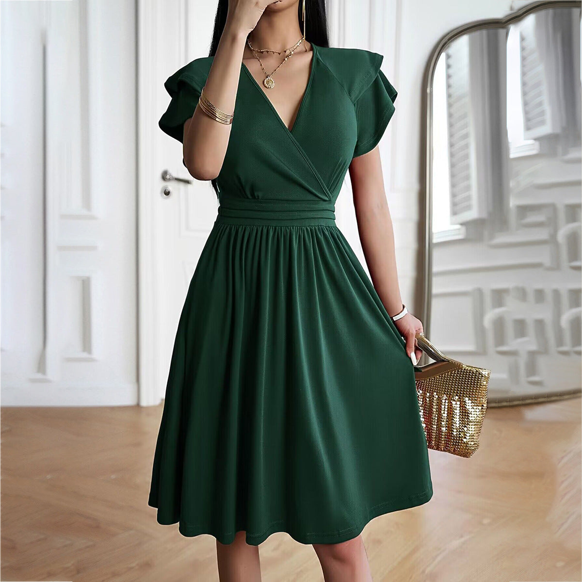 Robe Femme Élégante Mi-Longue Col en V Polyvalente