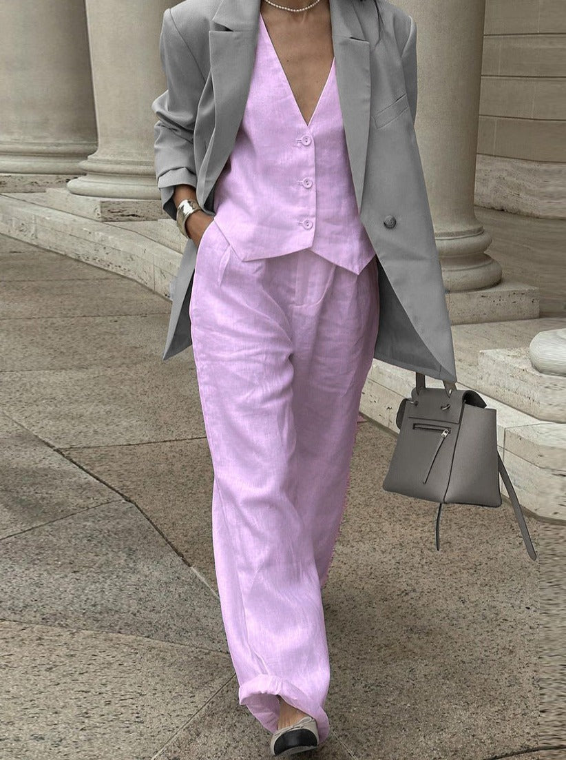 Costume Lin Élégant avec Veste et Pantalon Large