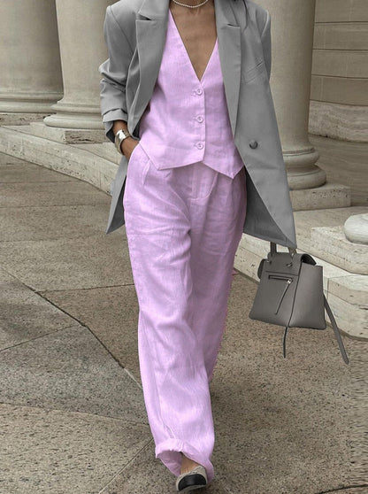 Costume Lin Élégant avec Veste et Pantalon Large