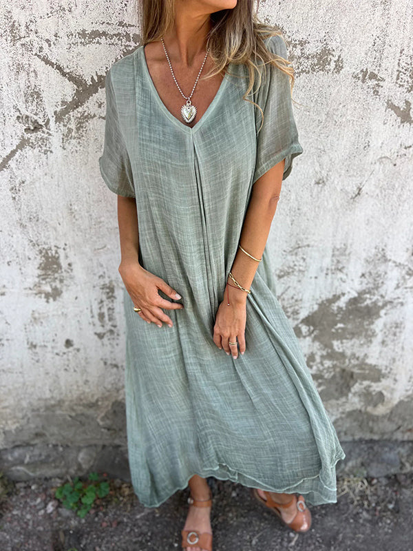 Robe Femme Coton Lin Col V Manches Courtes Coupe Ample