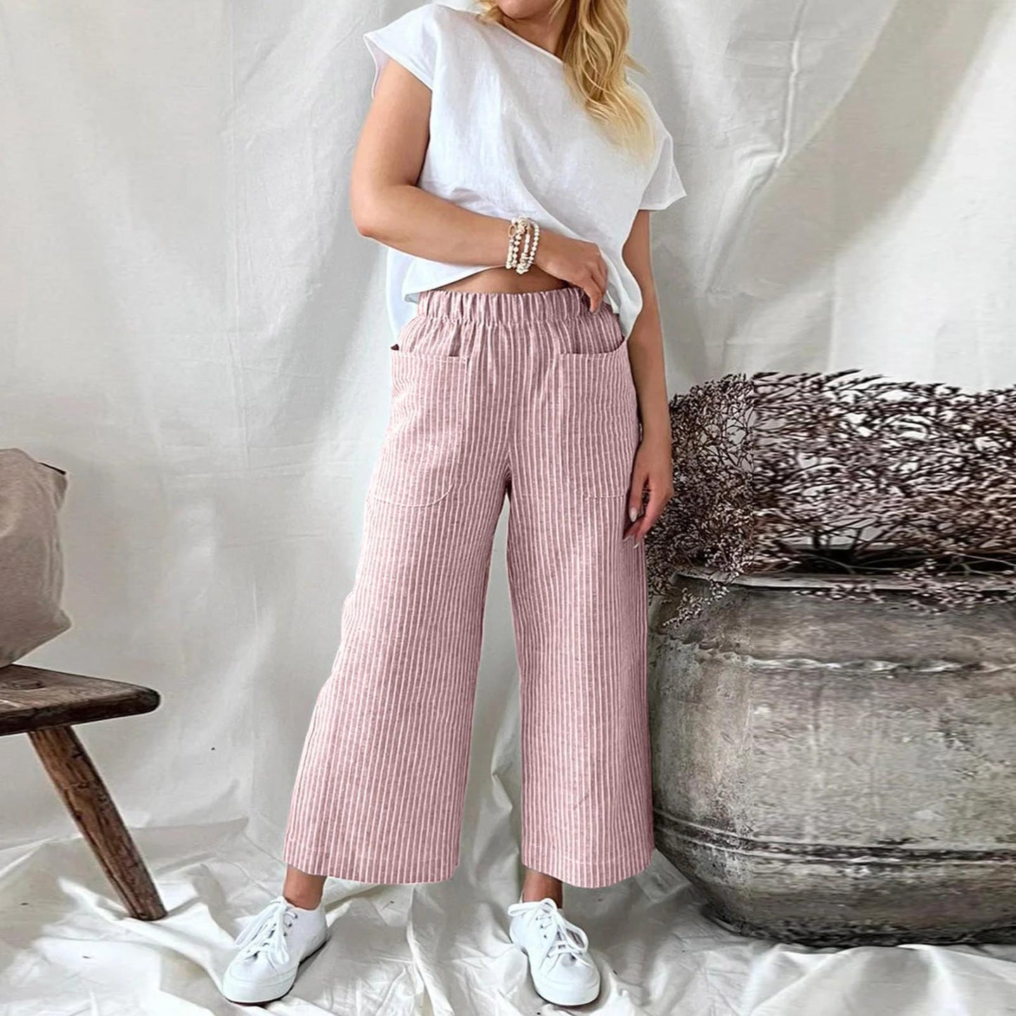 Pantalon Lin Femme Décontracté Rayures Mode