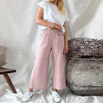 Pantalon Lin Femme Décontracté Rayures Mode