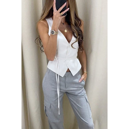 Isabella | Top Noir Sans Manches avec Ceinture à la Taille