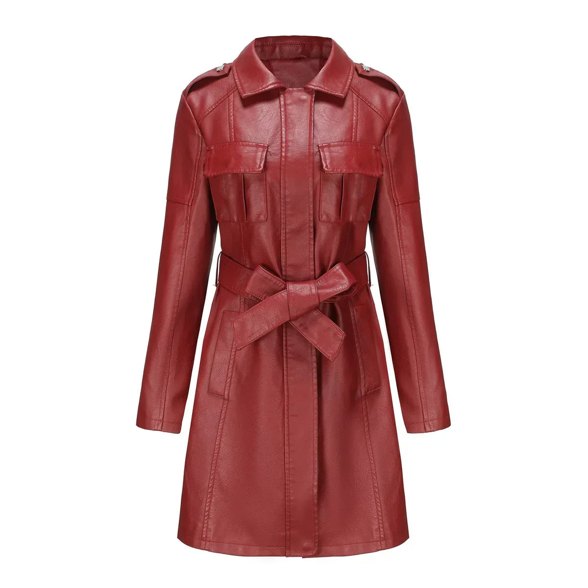 Manteau Long Femme Effet Cuir PU Coupe Élégante Poches Urbaines