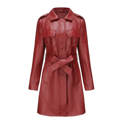 Manteau Long Femme Effet Cuir PU Coupe Élégante Poches Urbaines