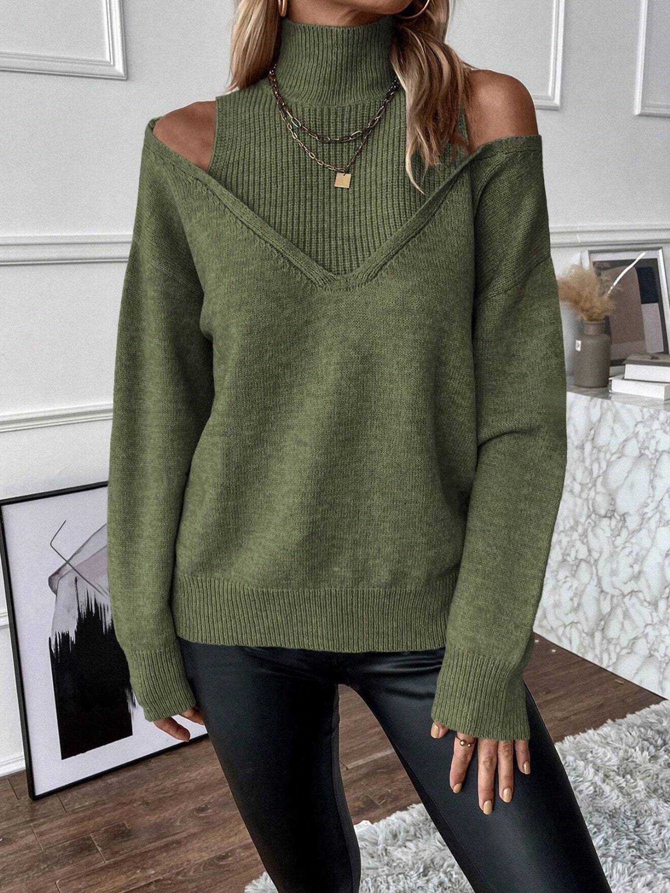 Pull Off-Shoulder Col Roulé Femme Tricot Doux