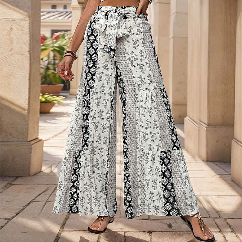 Pantalon Femme Décontracté à Imprimé Floral Taille Haute