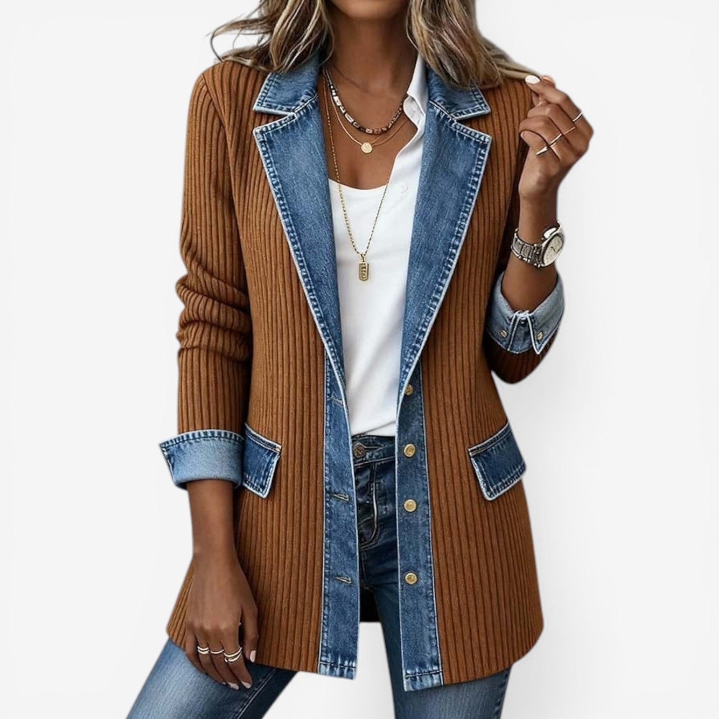 Veste Femme Maille et Denim Effet Superposé Coupe Moderne