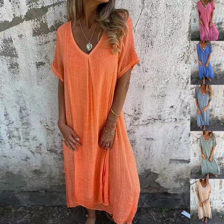 Robe Femme Coton Lin Col V Manches Courtes Coupe Ample
