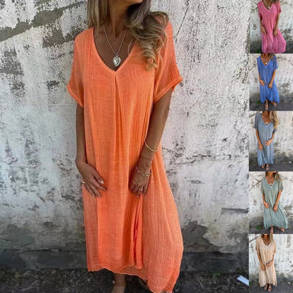 Robe Femme Coton Lin Col V Manches Courtes Coupe Ample