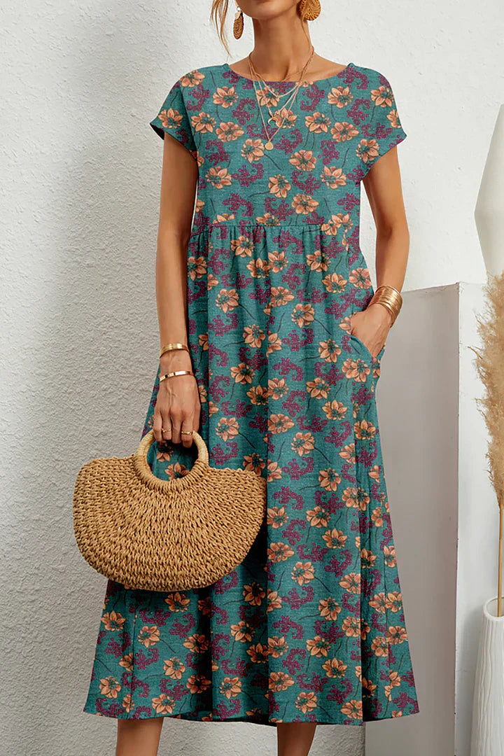 Robe Été Femme Décolletée – Robe Légère à Col Rond avec Imprimé Floral
