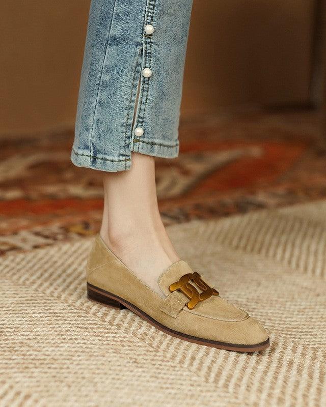 Mocassin Femme Cuir Velours à Boucle Or