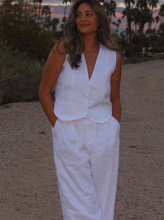 Costume Lin Élégant avec Veste et Pantalon Large