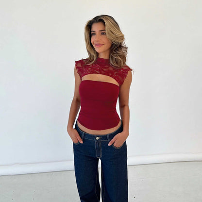 Blouse Femme Été - Top Dentelle Ajusté Manches Courtes - PanierRoyale