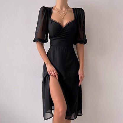 Robe Été Longue Femme avec Manches Bouffantes et Dentelle