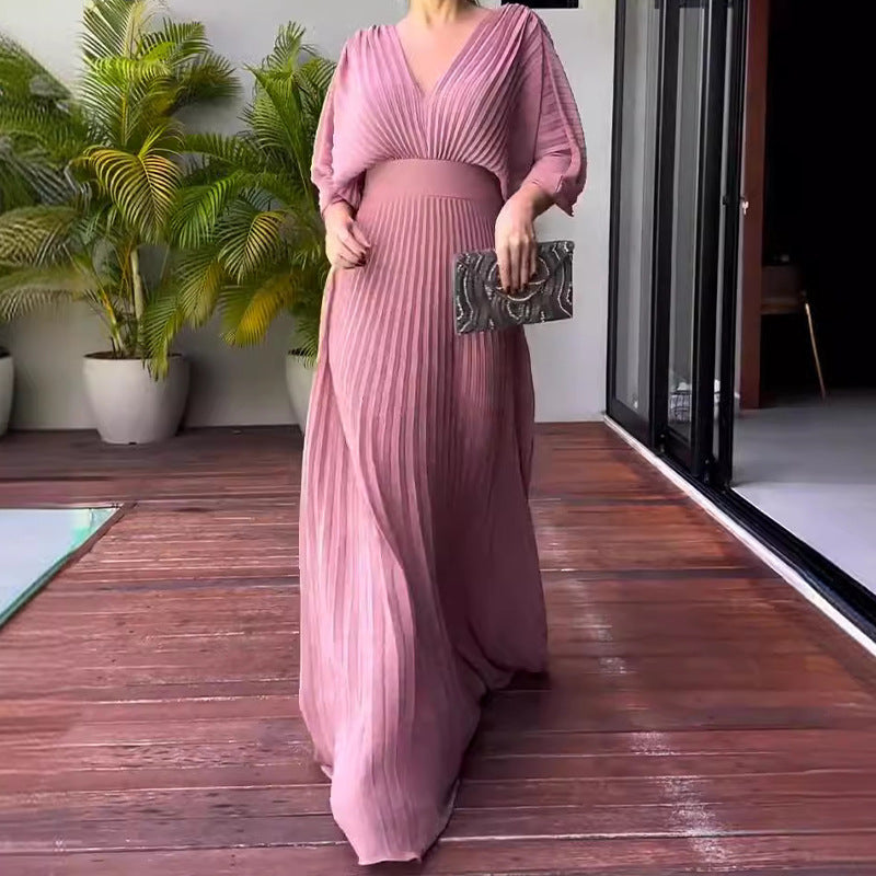Robe Été Longue pour Femme en Citron avec Plis