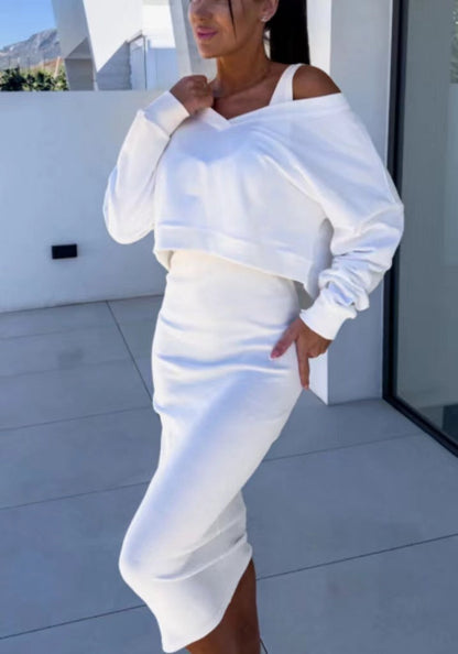 Robe deux pièces femme col V avec pull et jupe mi-longue élégante