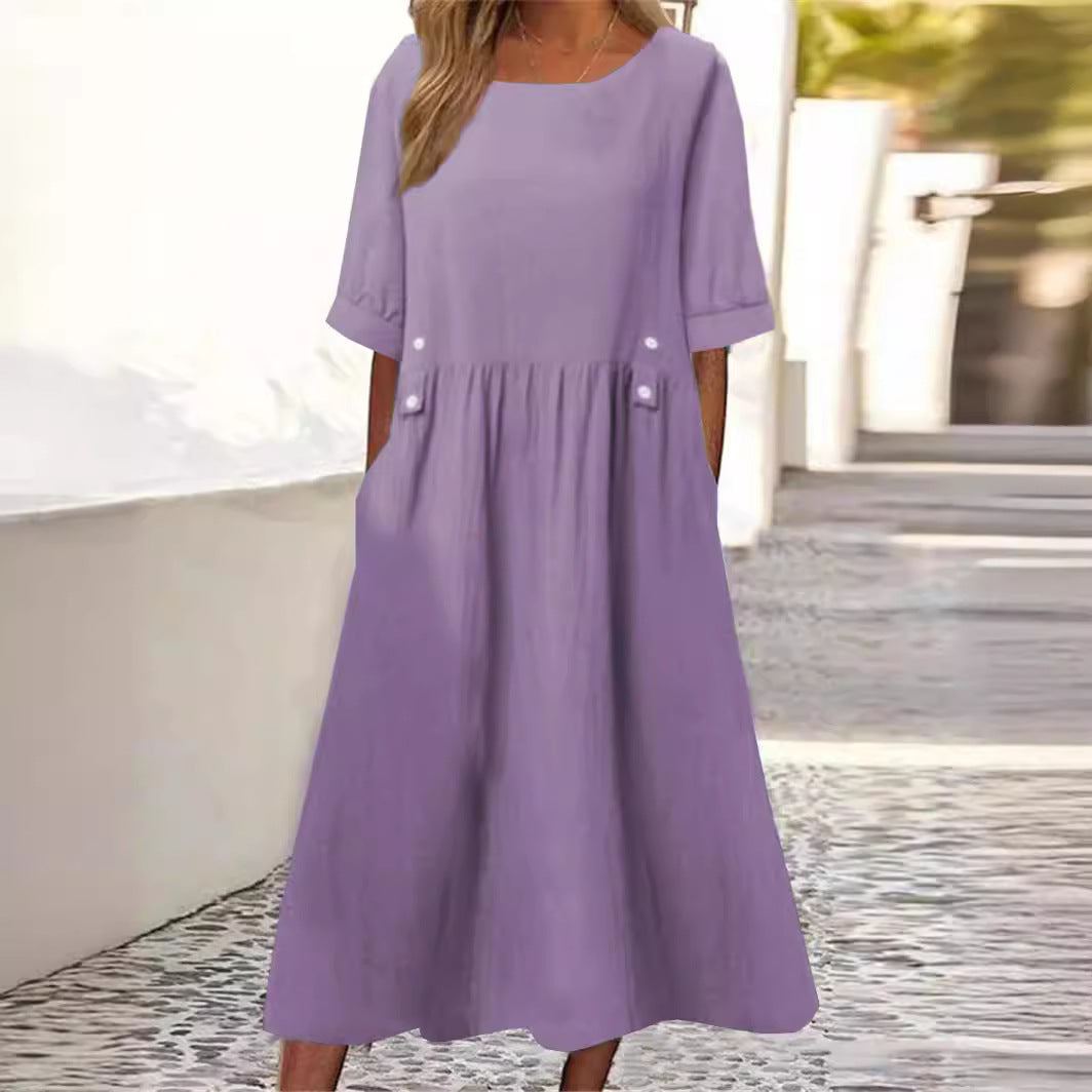 Robe Mi-Longue Femme Coton Lin Col Rond Manches Courtes Coupe Ample - PanierRoyale