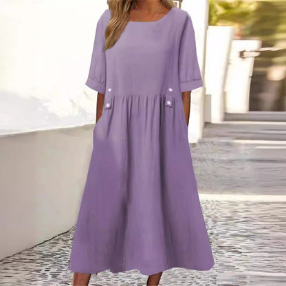 Robe Mi-Longue Femme Coton Lin Col Rond Manches Courtes Coupe Ample - PanierRoyale