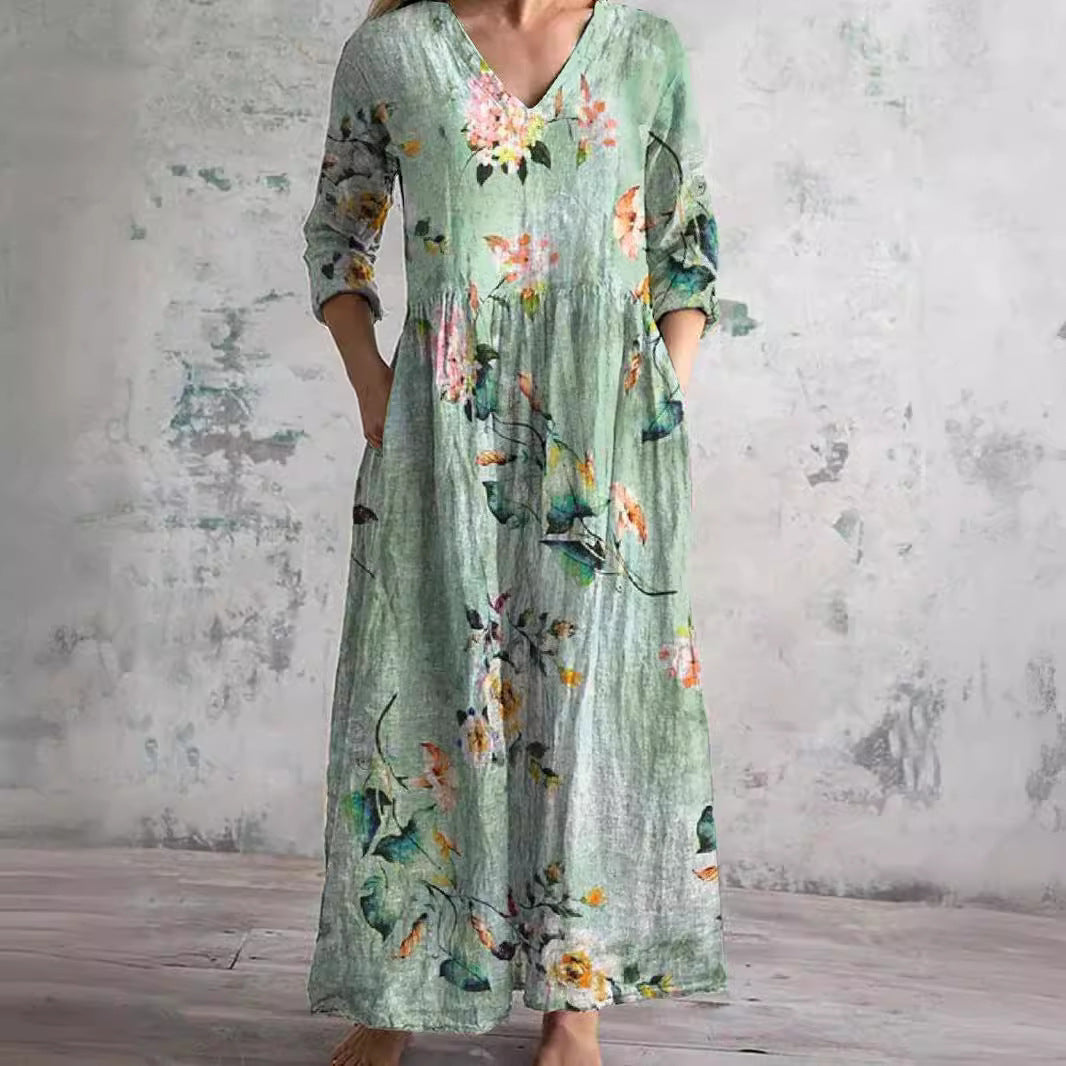Robe Fleuri Élégante pour Femme Col en V