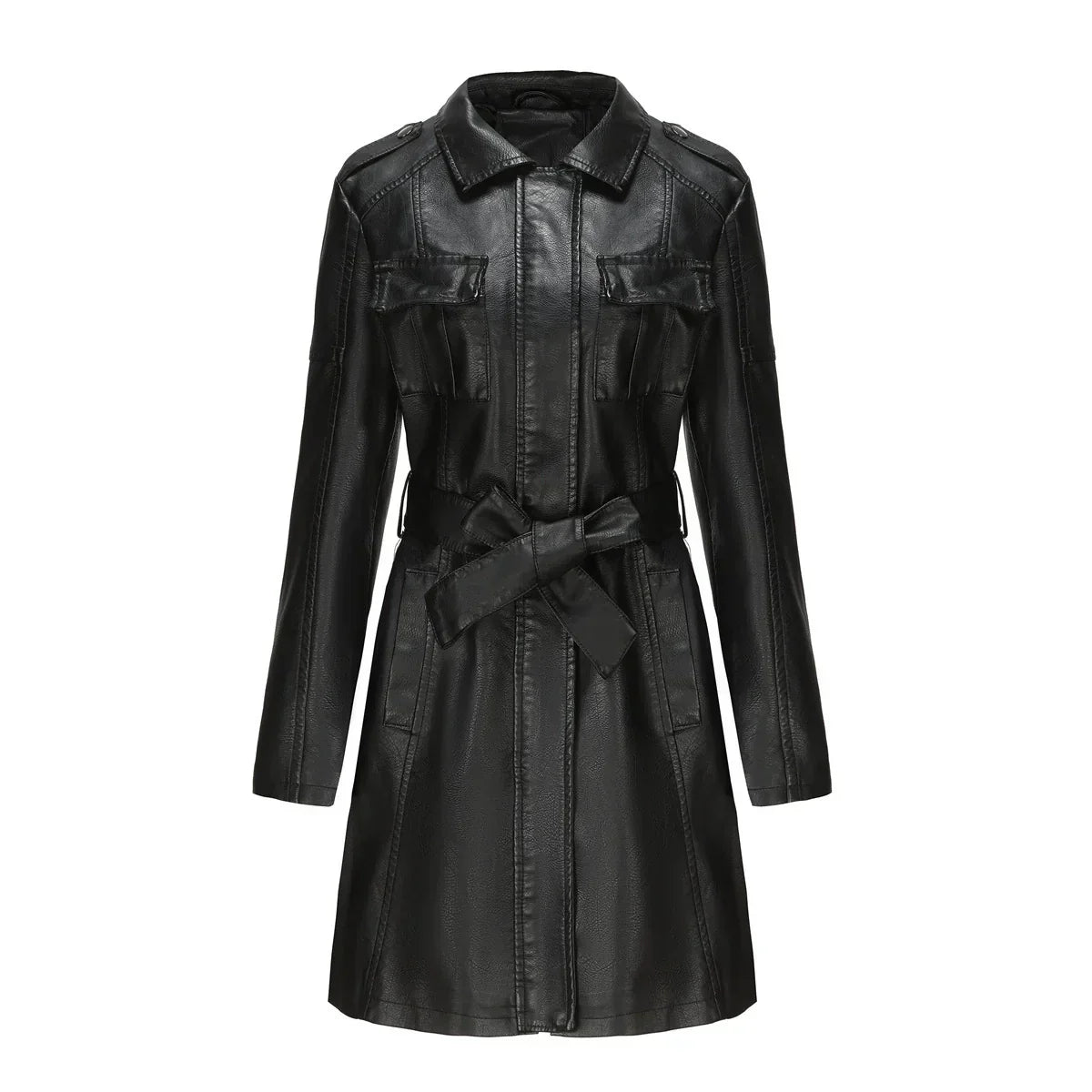 Manteau long Femme Cuir synthétique Coupe ajustée Poches