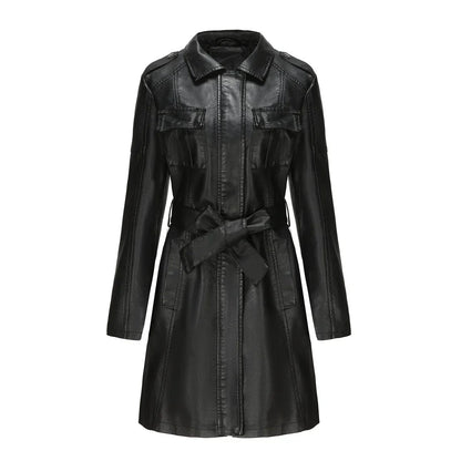 Manteau Long Femme Effet Cuir PU Coupe Élégante Poches Urbaines