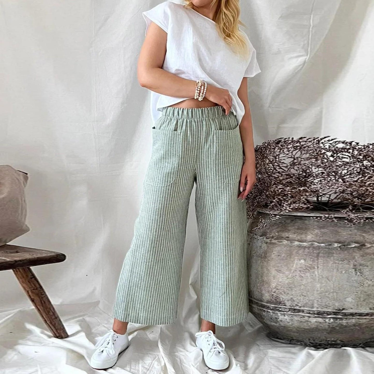 Pantalon Lin Femme Décontracté Rayures Mode