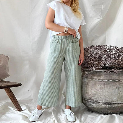 Pantalon Lin Femme Décontracté Rayures Mode