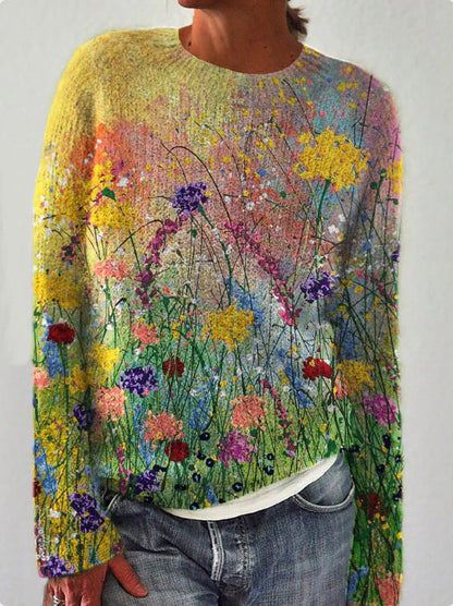 Pull Femme Laine Mérinos Bleu Marine Fleurie