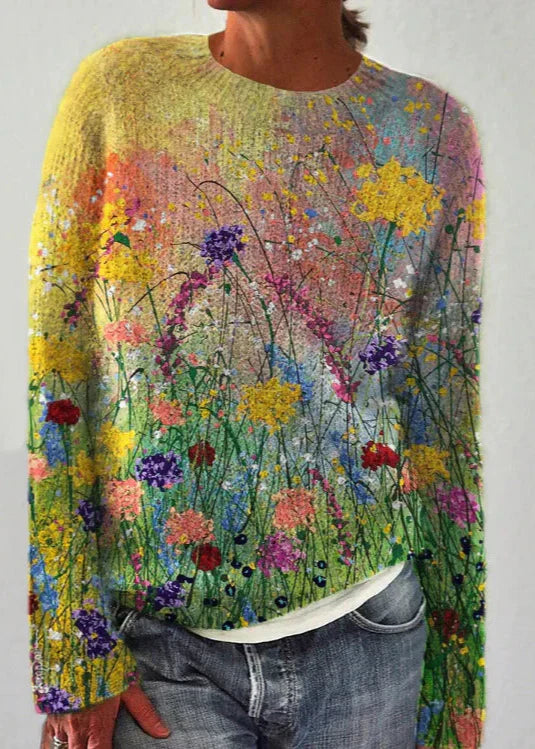 Pull femme fleuri col rond moderne