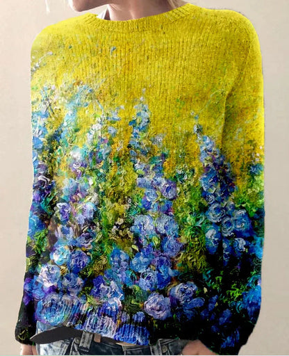 Pull Femme Laine Mérinos Bleu Marine Fleurie