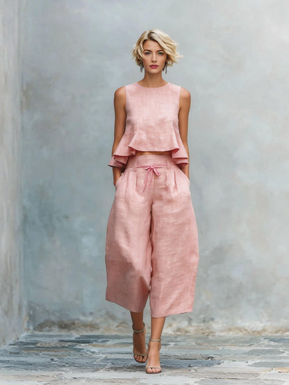 Ensemble Femme Haut Volanté et Pantalon Large Coupe Ample