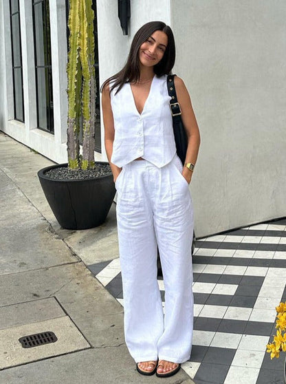 Costume Lin Élégant avec Veste et Pantalon Large