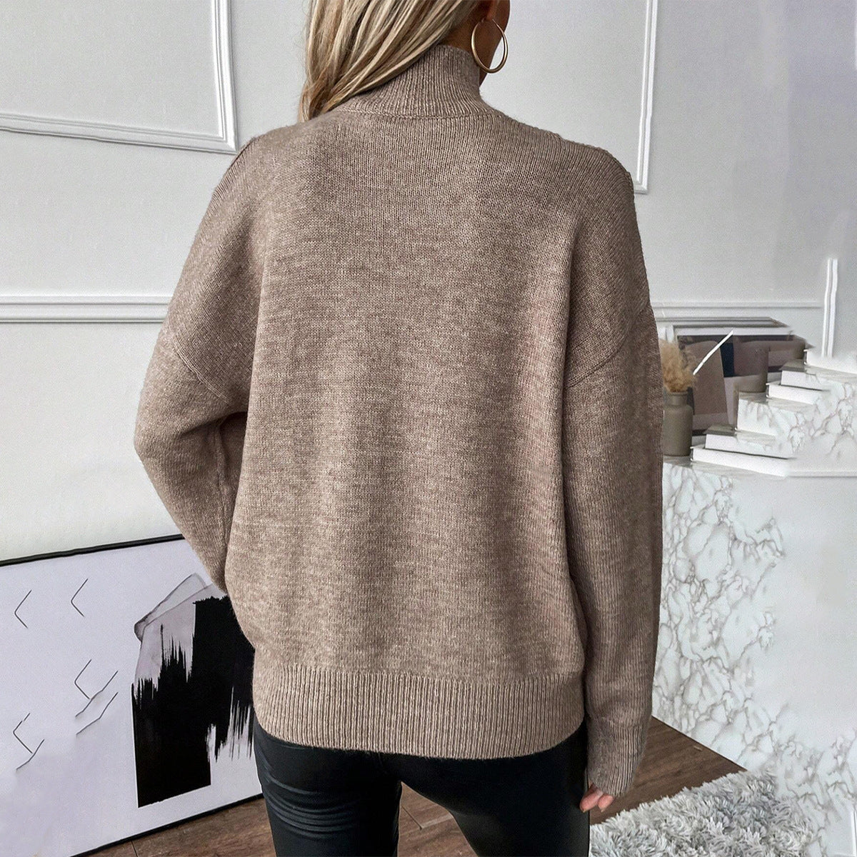 Pull Off-Shoulder Col Roulé Femme Tricot Doux