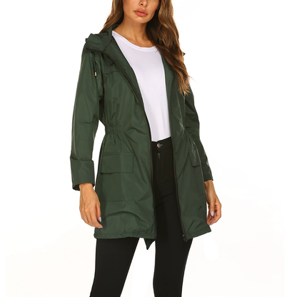 Veste imperméable femme longue avec capuche et manches ajustables - PanierRoyale