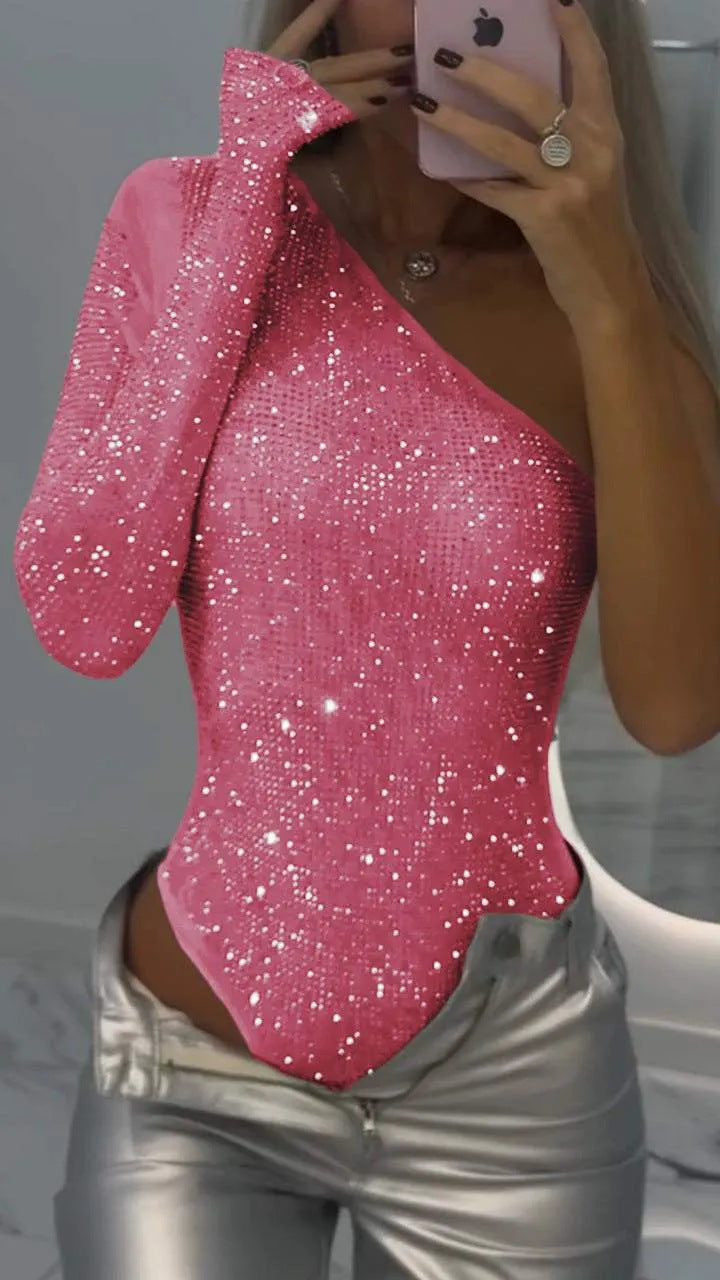 Robe de Soirée Argentée Pailletée Manches Longues