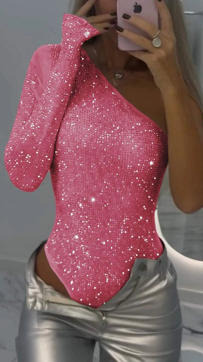 Robe de Soirée Argentée Pailletée Manches Longues