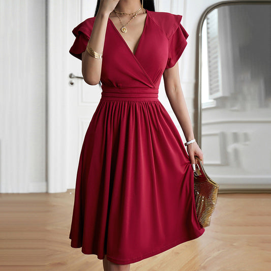 Robe Femme Élégante Mi-Longue Col en V Polyvalente - PanierRoyale