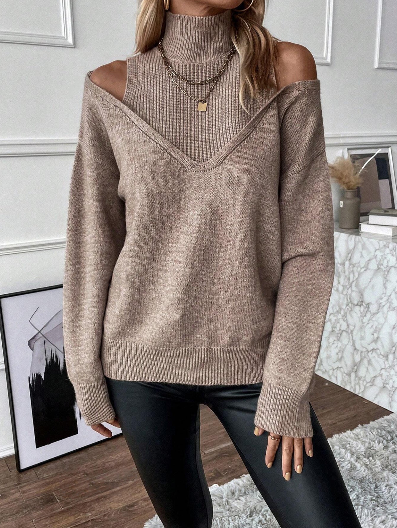 Pull Off-Shoulder Col Roulé Femme Tricot Doux