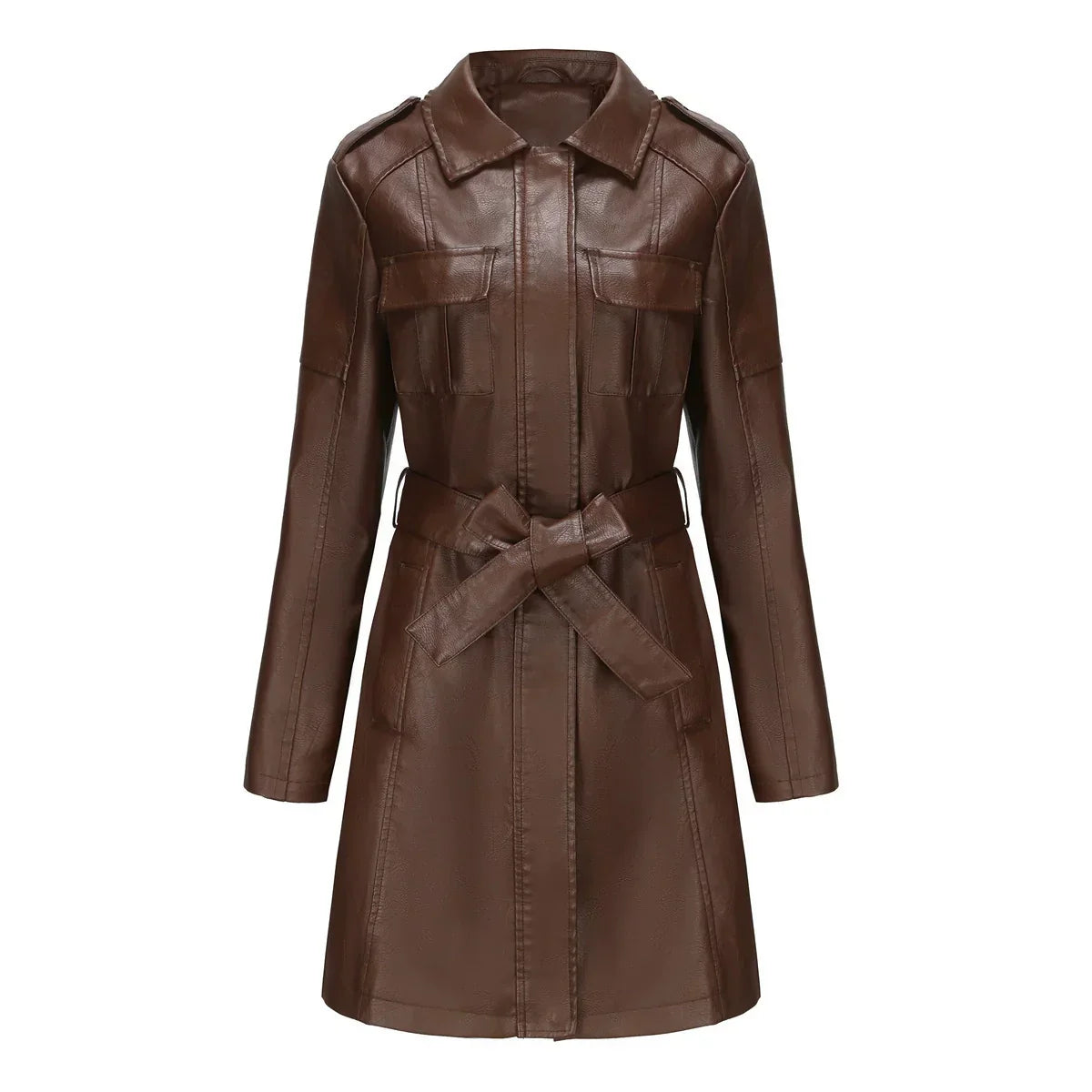 Manteau long Femme Cuir synthétique Coupe ajustée Poches