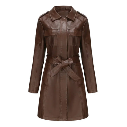 Manteau Long Femme Effet Cuir PU Coupe Élégante Poches Urbaines
