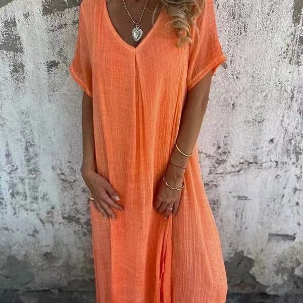 Robe Femme Coton Lin Col V Manches Courtes Coupe Ample - PanierRoyale