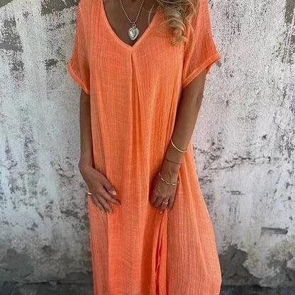 Robe Femme Coton Lin Col V Manches Courtes Coupe Ample - PanierRoyale