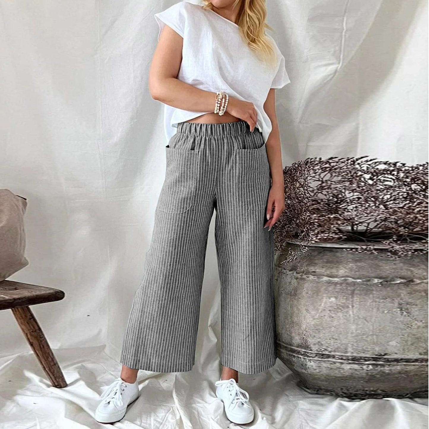 Pantalon Lin Femme Décontracté Rayures Mode